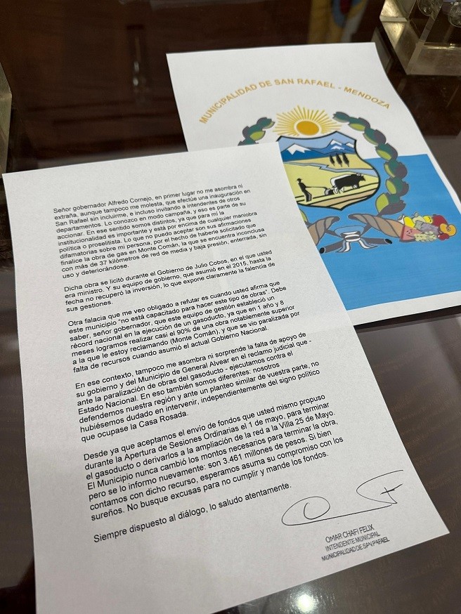 Carta del Intendente Omar Félix al Gobernador Alfredo Cornejo